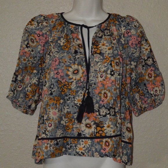 Sz 2 The Great. Gray Pink Black Short Sleeve Floral Blouse - Picture 1 of 7